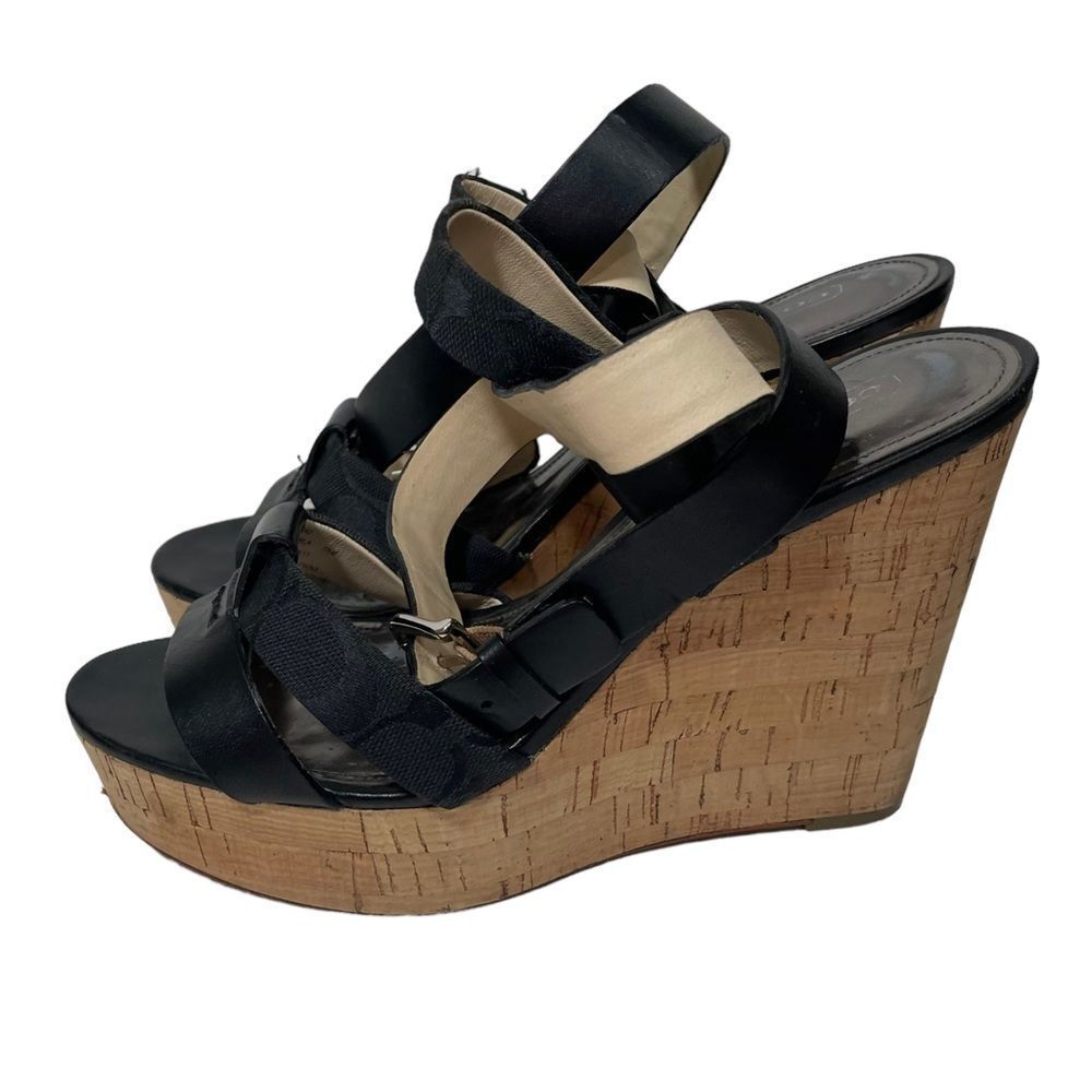 Coach Black Leather Strappy Wedge Sandals